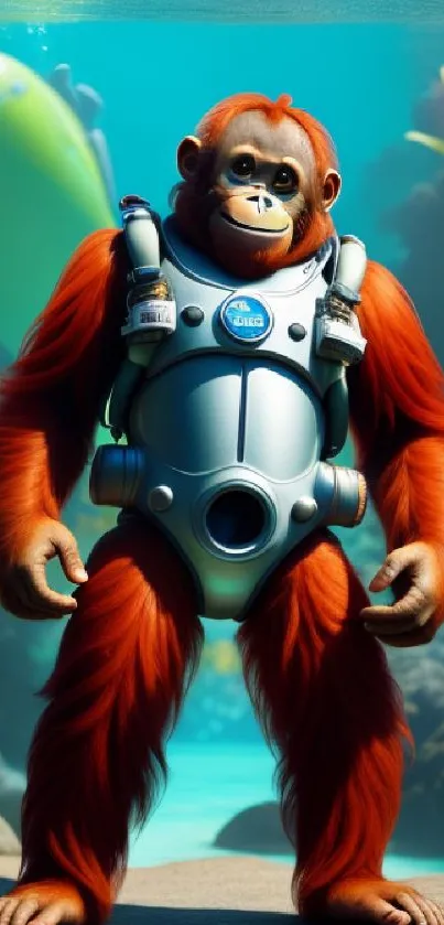 Orangutan in a diving suit with vibrant background.