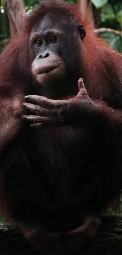 Orangutan sitting on a tree in a jungle setting.