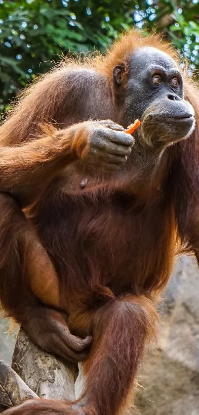 Orangutan perched on a tree in a lush jungle.