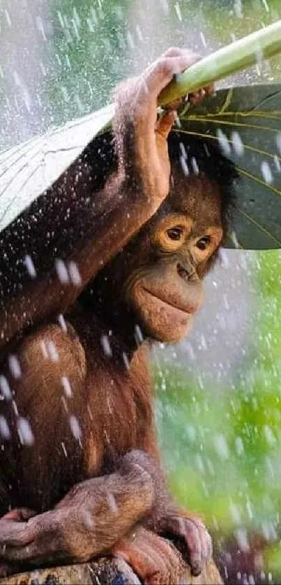 Orangutan holding leaf in rainy jungle setting.