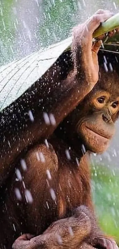 Orangutan using leaf as umbrella in rain.