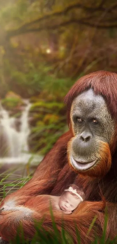 Orangutan holding baby in lush forest scene.