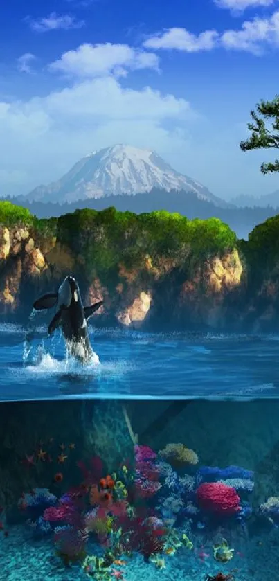 Orca jumping in scenic ocean with vibrant coral reef and mountain view.