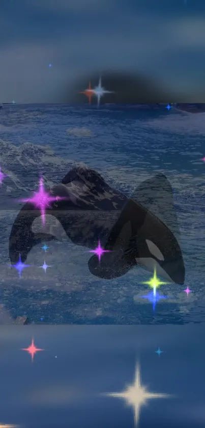 Majestic orca swimming under a starlit ocean sky wallpaper.