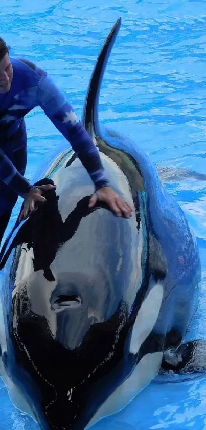 Orca and trainer interacting in bright blue water