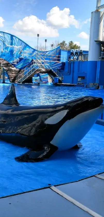 Orca swimming in a vibrant aquatic park setting with blue water.