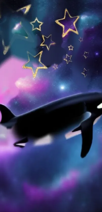 Orca swimming in a galaxy with stars.