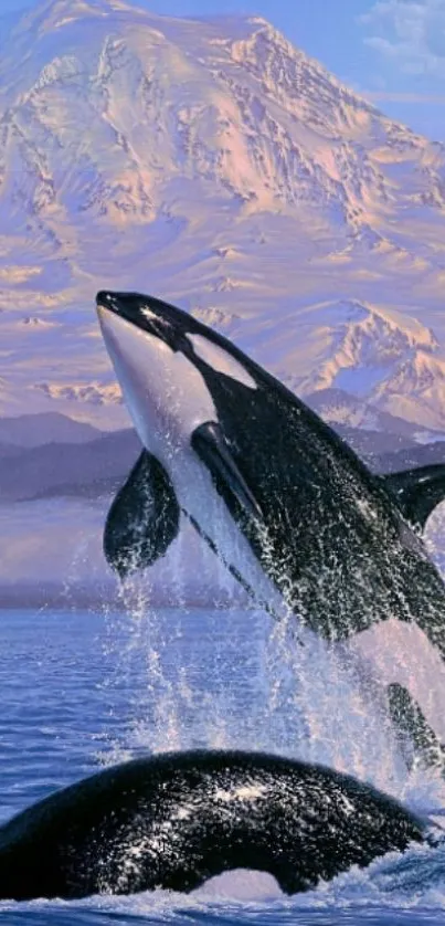 Leaping orca in front of a majestic snowy mountain.