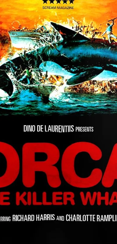 Orca movie poster featuring a dramatic killer whale scene in vivid colors.