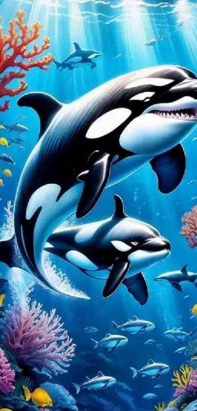 Orcas swimming in a vibrant coral reef setting with deep blue ocean waters.