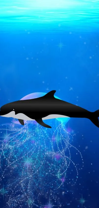 Orca swimming in a fantasy underwater blue scene.