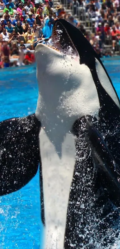 Orca jumping in a vibrant blue pool