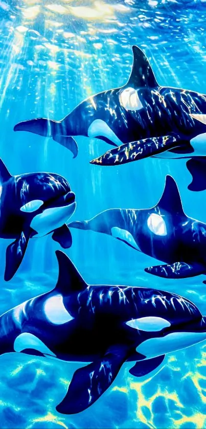 Orcas swimming in a sunlit ocean scene