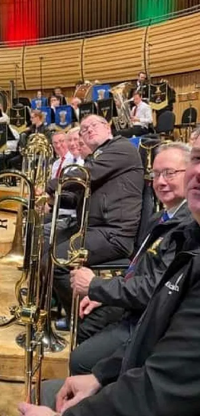 Musicians in an orchestra rehearsal, vibrant auditorium setting.