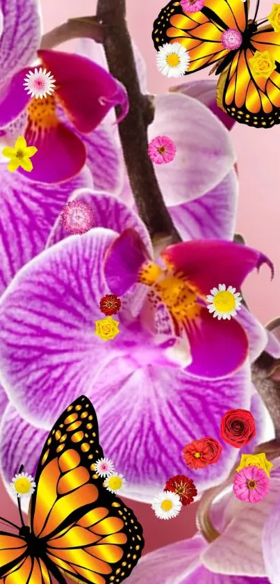 Pink orchid and butterfly mobile wallpaper design.