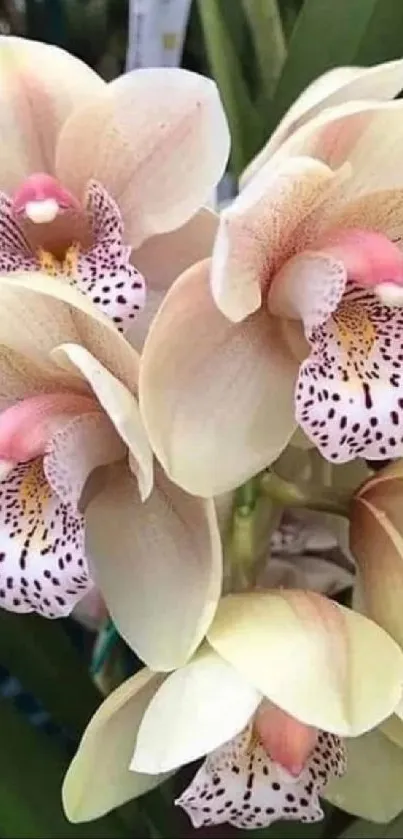 Elegant orchid with ivory petals and pink accents against green leaves.