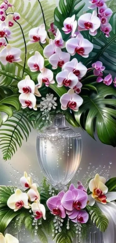 Beautiful orchid and leaf arrangement wallpaper.
