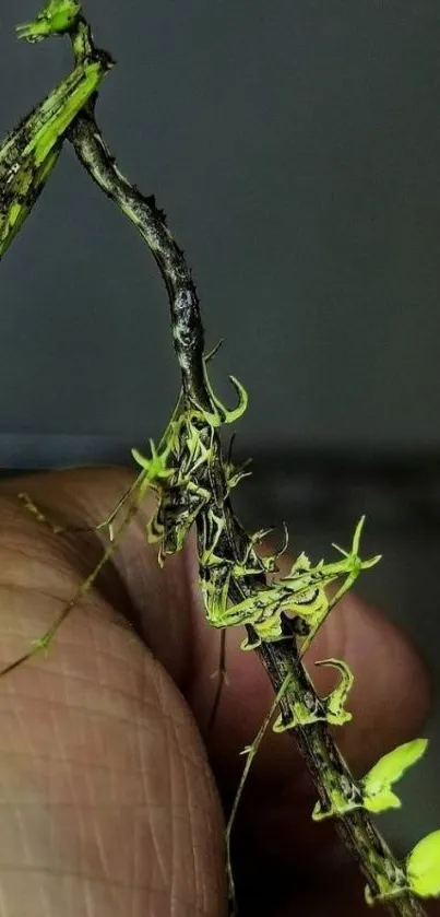 Close-up of an orchid mantis blending with a branch in nature.