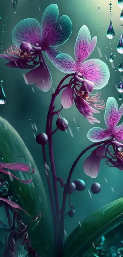 Purple orchids with raindrops on a teal background for phone wallpaper.