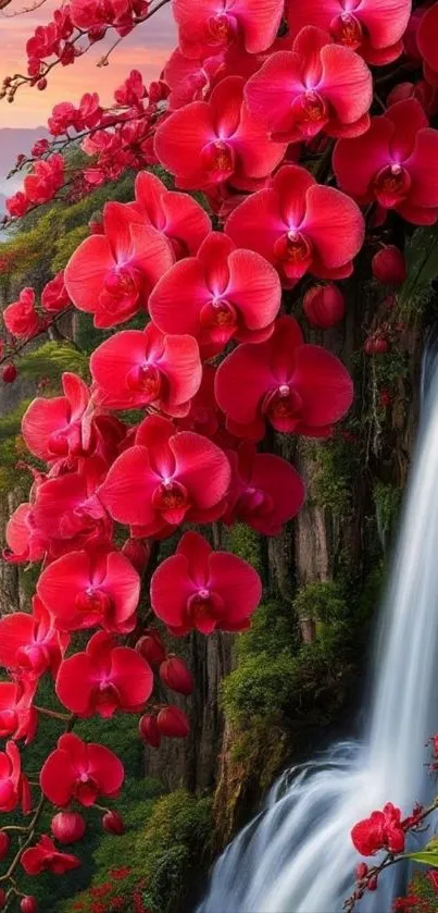 Red orchids cascading over a serene waterfall.