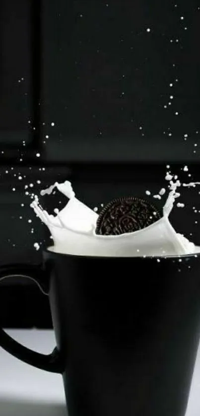 Oreo cookie splashing in milk with a black mug background.