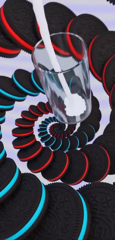 Abstract Oreo swirl with glass and milk in vibrant colors.