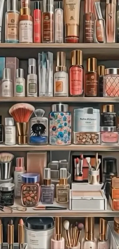 Organized beauty products on shelves with makeup and skincare items.