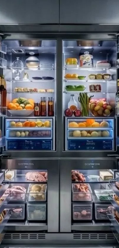 Organized fridge interior with produce and beverages.