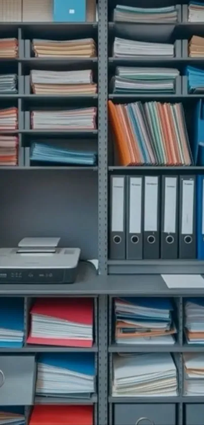 Organized office shelves with colorful files.