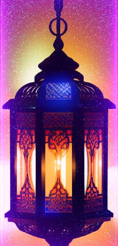 Oriental lamp with warm orange glow and intricate patterns.