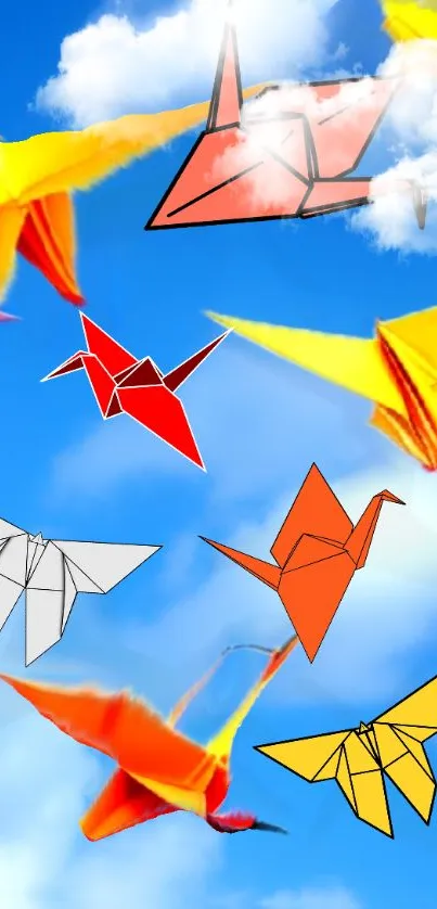 Colorful origami birds flying in a bright blue sky with clouds.