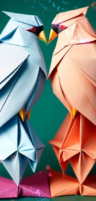 Artistic origami birds in pastel colors on a teal background.