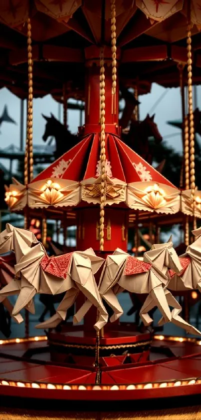 Origami carousel with paper horses in vibrant lighting.