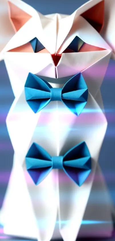 Origami cat with blue bow ties on a blue background.