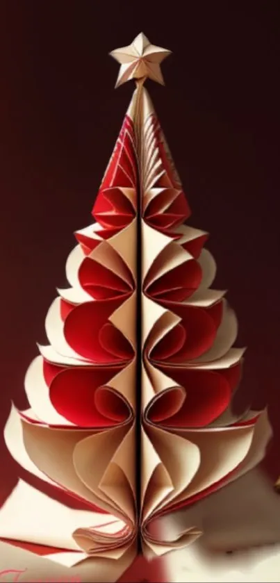 Beautiful origami Christmas tree on red background.