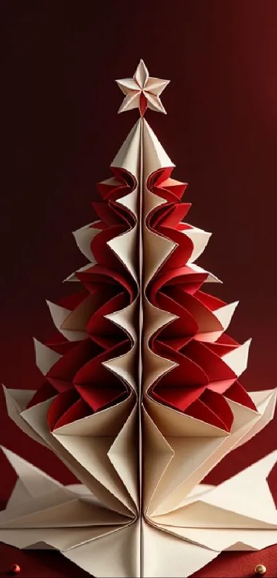 Origami Christmas tree on a red background with festive elements.