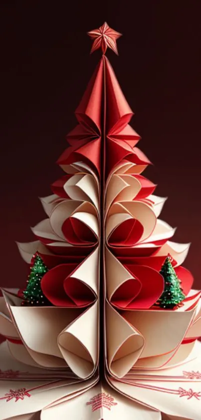 Origami Christmas tree with red design and festive details.