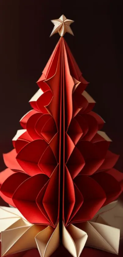 Festive origami Christmas tree in red and white hues with star top.