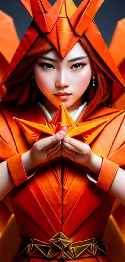 Intricate origami art design in vibrant orange on mobile wallpaper.