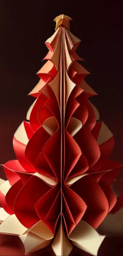 Red origami Christmas tree on a dark background for mobile wallpaper.