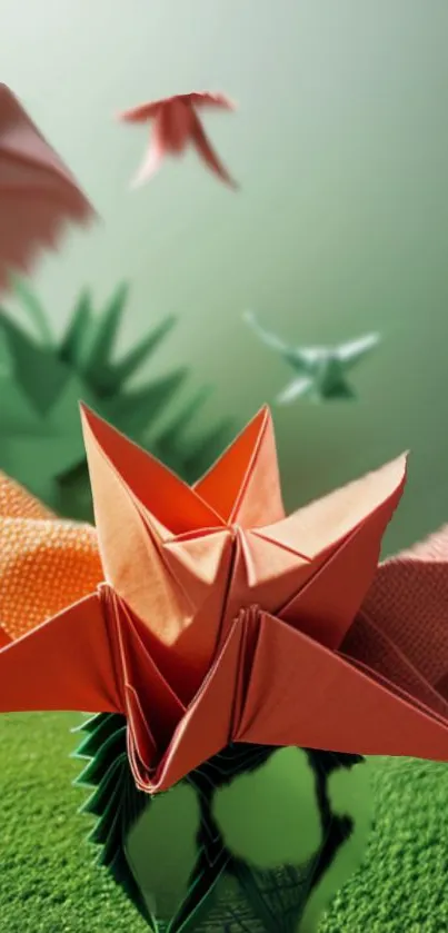 Origami flowers on a green background mobile wallpaper.