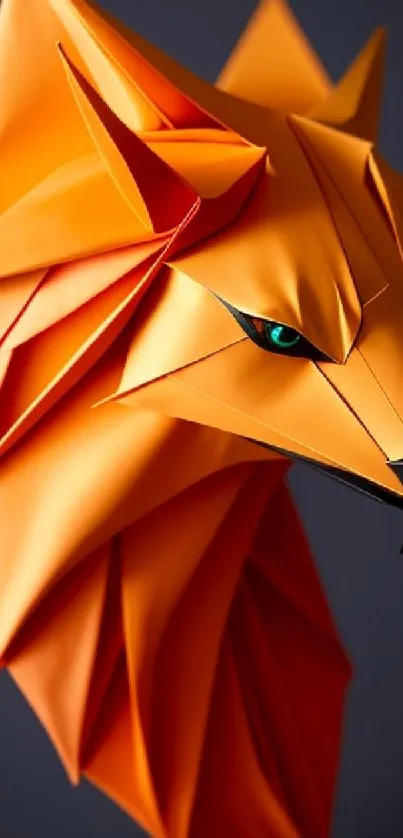 Bright orange origami fox design on a mobile wallpaper background.