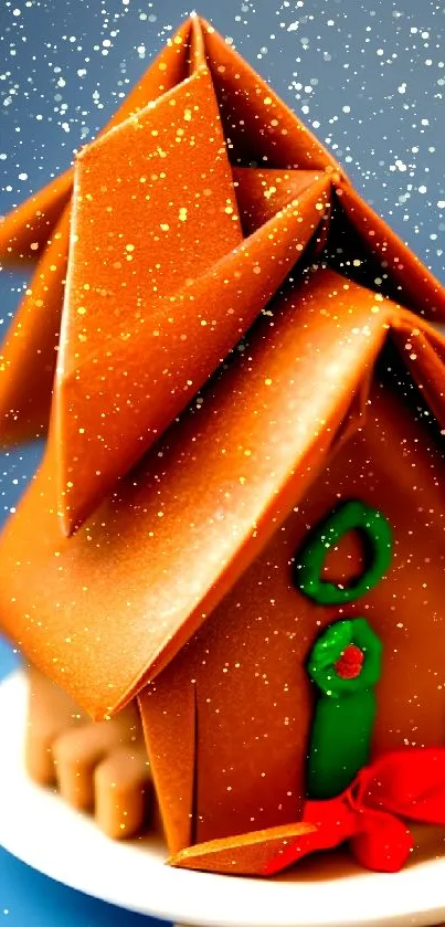 Origami gingerbread house with festive colors on blue background.