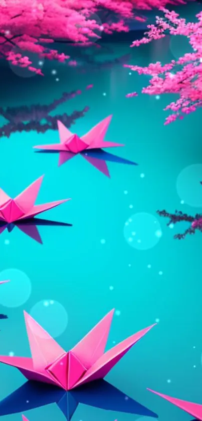 Pink origami lotuses float on blue water with cherry blossoms overhead.