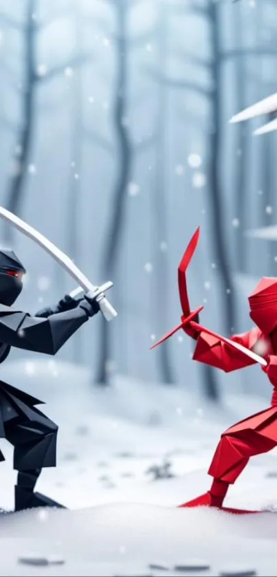 Wallpaper of origami ninjas battling in a snowy forest.