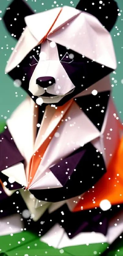 Bright origami panda on vibrant green background.