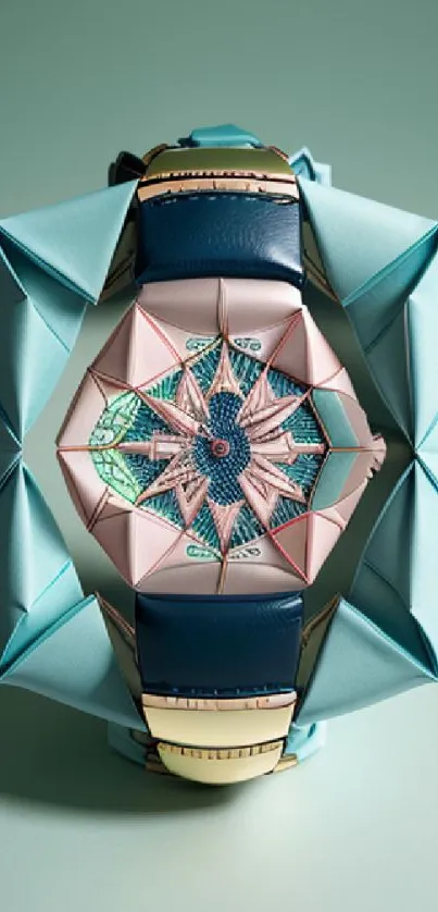 Intricate origami watch in pastel teal and pink tones.