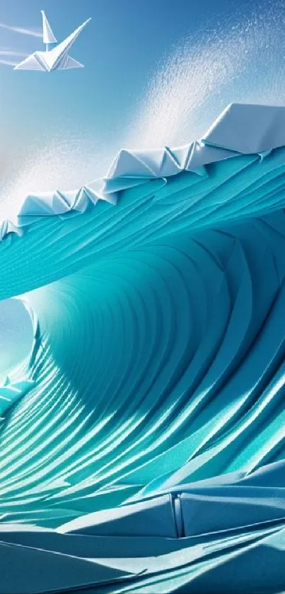 Origami wave with sunlight over ocean in cyan and blue tones.