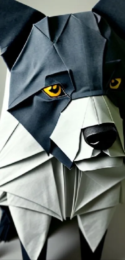 Origami wolf with geometric design in dark blue gray tones.