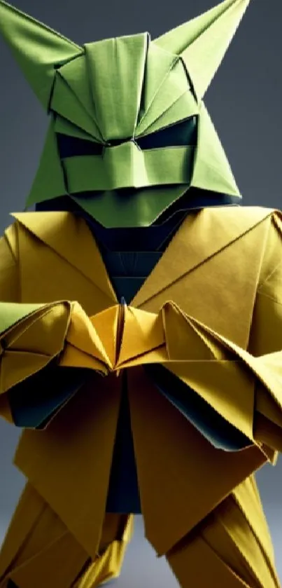 Origami Yoda made from green and yellow paper with intricate folds.